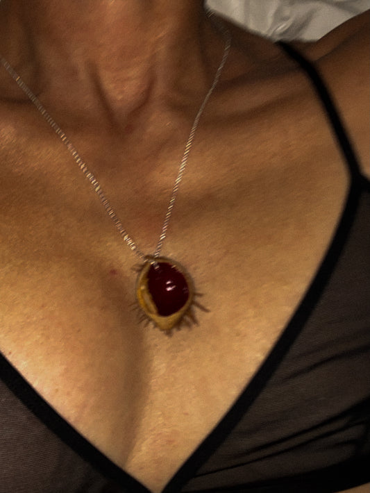 Chestnut shell with gold chain, red
